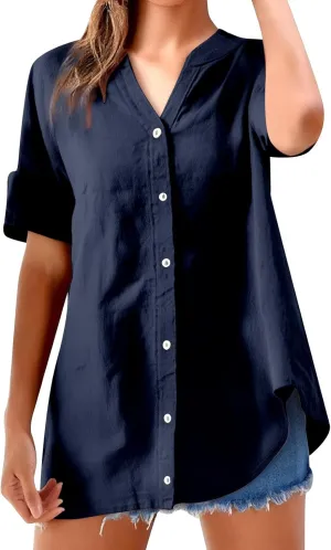 Womens Floral Linen Short Sleeve Top Summer Beach Casual Plus Size Tunic Top Round Neck Loose Tshirts