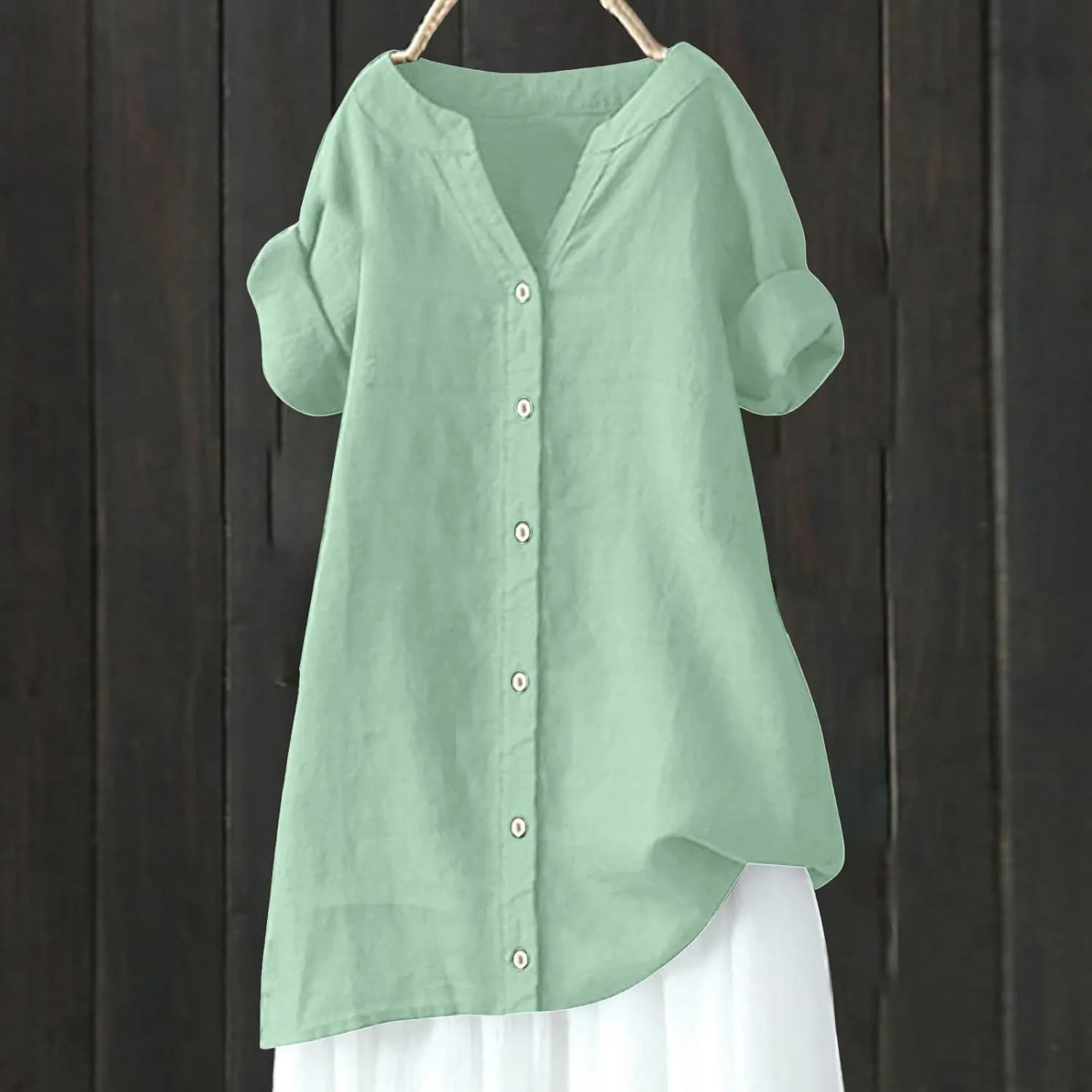 Womens Floral Linen Short Sleeve Top Summer Beach Casual Plus Size Tunic Top Round Neck Loose Tshirts