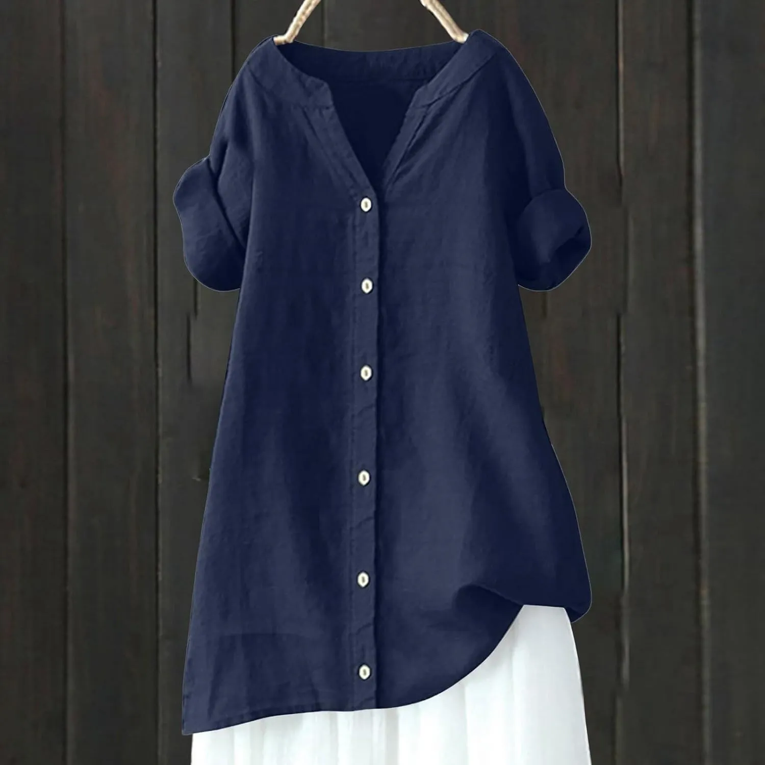 Womens Floral Linen Short Sleeve Top Summer Beach Casual Plus Size Tunic Top Round Neck Loose Tshirts