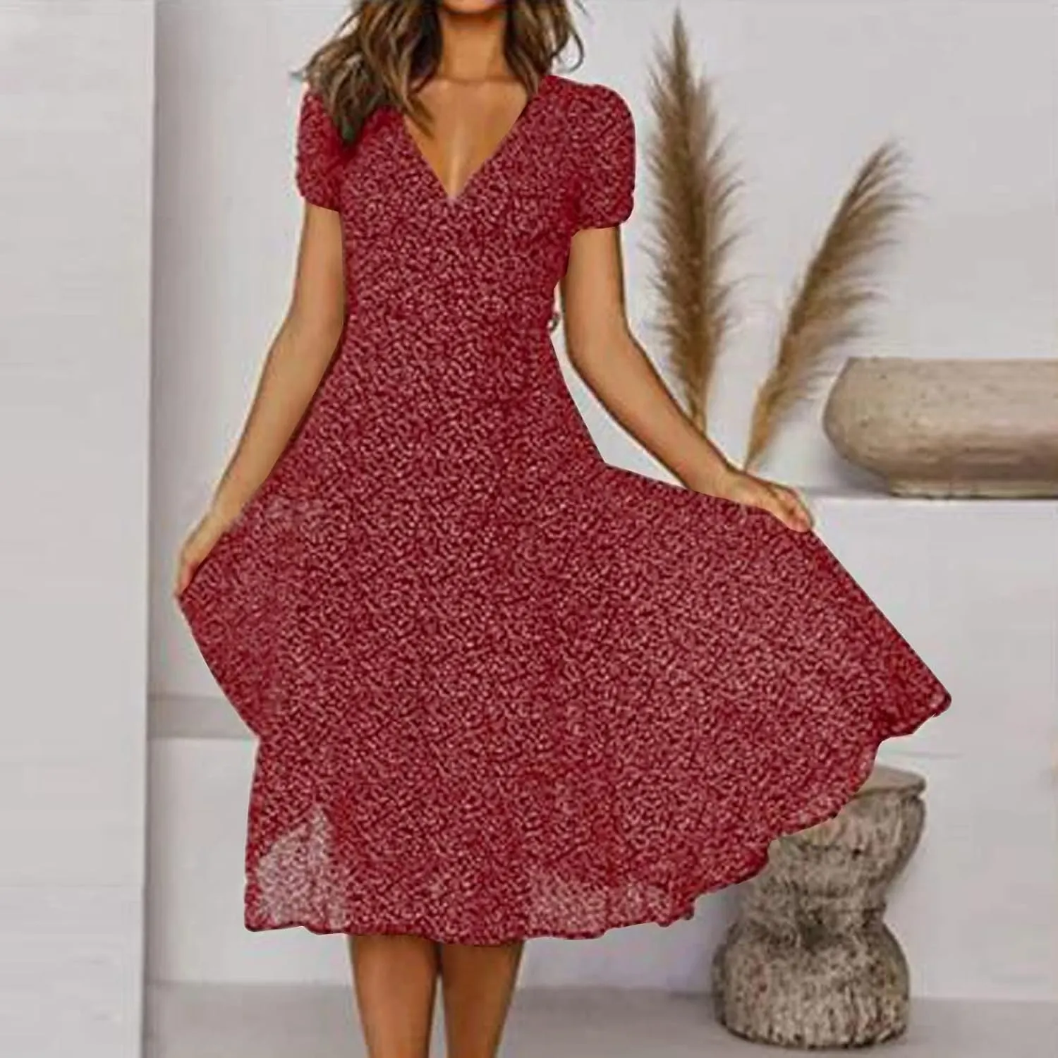 Women's Floral Wrap V-Neck Midi Dress Short Sleeve Boho Summer Beach Long Dress High Low Hem Smocked Dress Women
