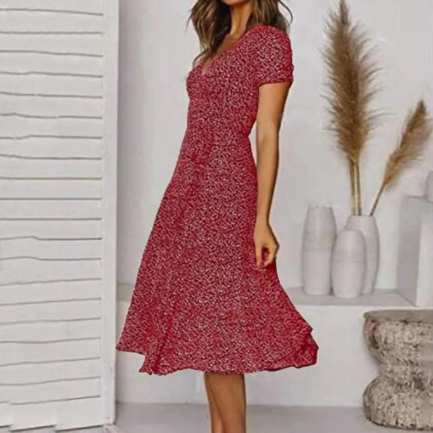Women's Floral Wrap V-Neck Midi Dress Short Sleeve Boho Summer Beach Long Dress High Low Hem Smocked Dress Women