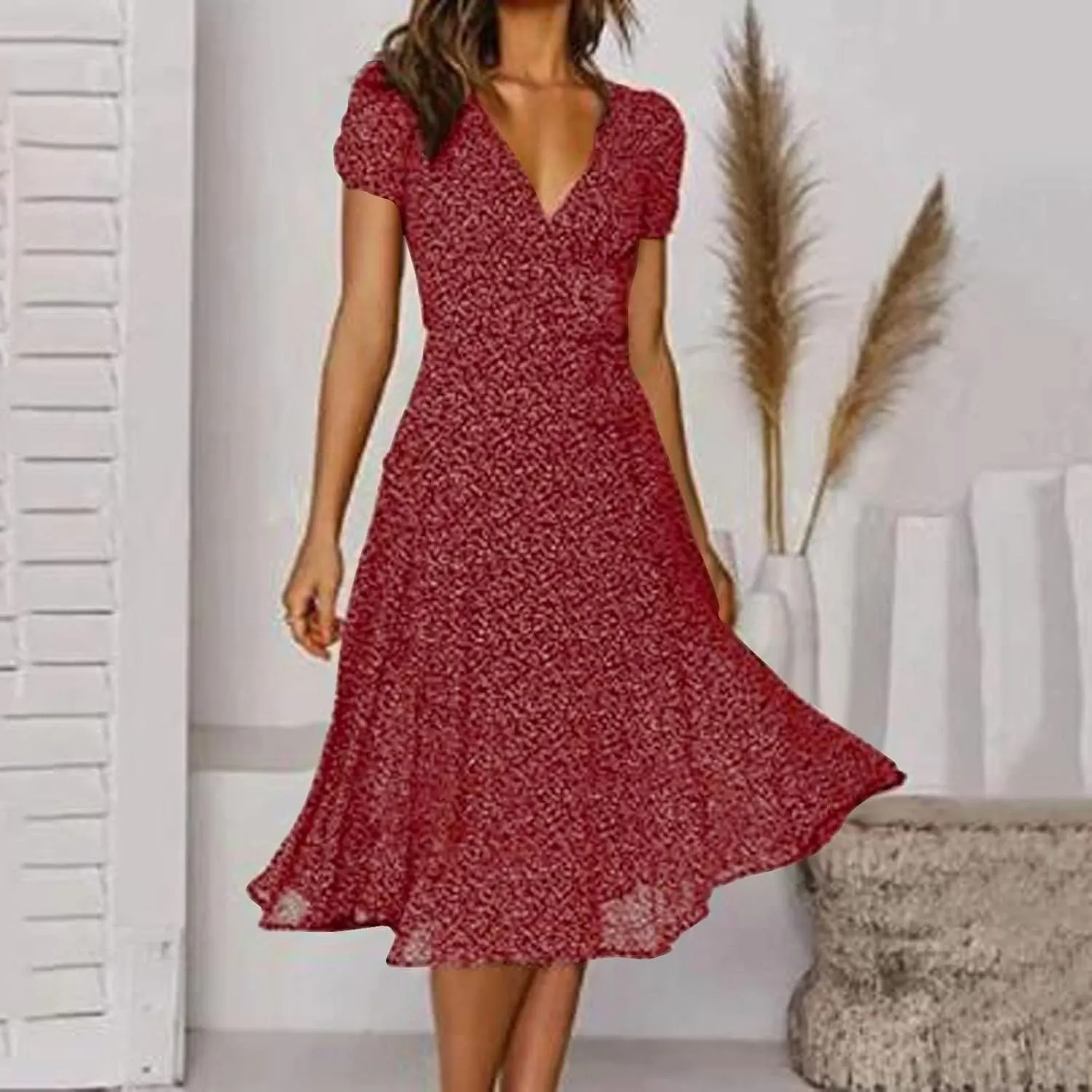 Women's Floral Wrap V-Neck Midi Dress Short Sleeve Boho Summer Beach Long Dress High Low Hem Smocked Dress Women