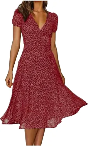 Women's Floral Wrap V-Neck Midi Dress Short Sleeve Boho Summer Beach Long Dress High Low Hem Smocked Dress Women