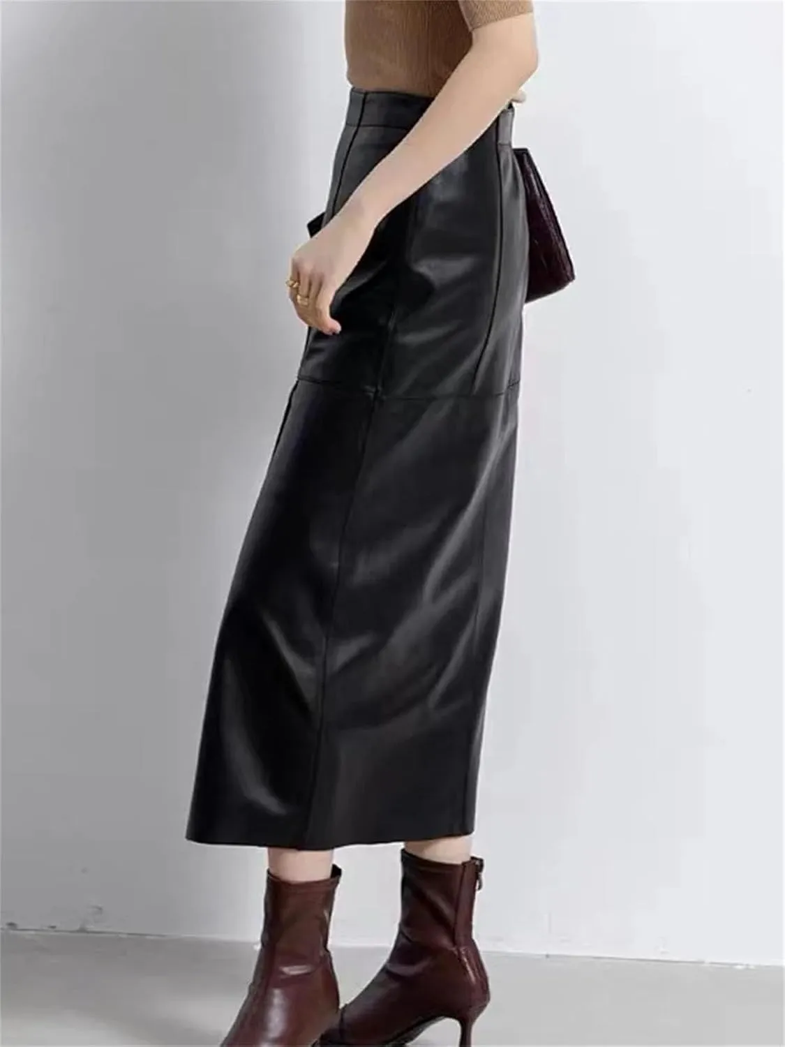 Womens Genuine Leather Long Skirt Spring High Waist Slit Khaki/Black 85cm Streetwear Slim