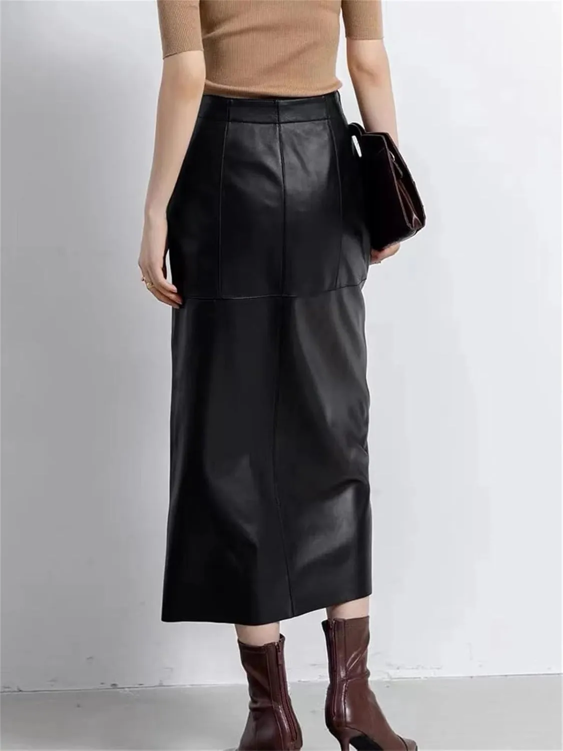 Womens Genuine Leather Long Skirt Spring High Waist Slit Khaki/Black 85cm Streetwear Slim
