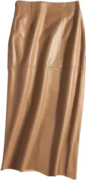 Womens Genuine Leather Long Skirt Spring High Waist Slit Khaki/Black 85cm Streetwear Slim