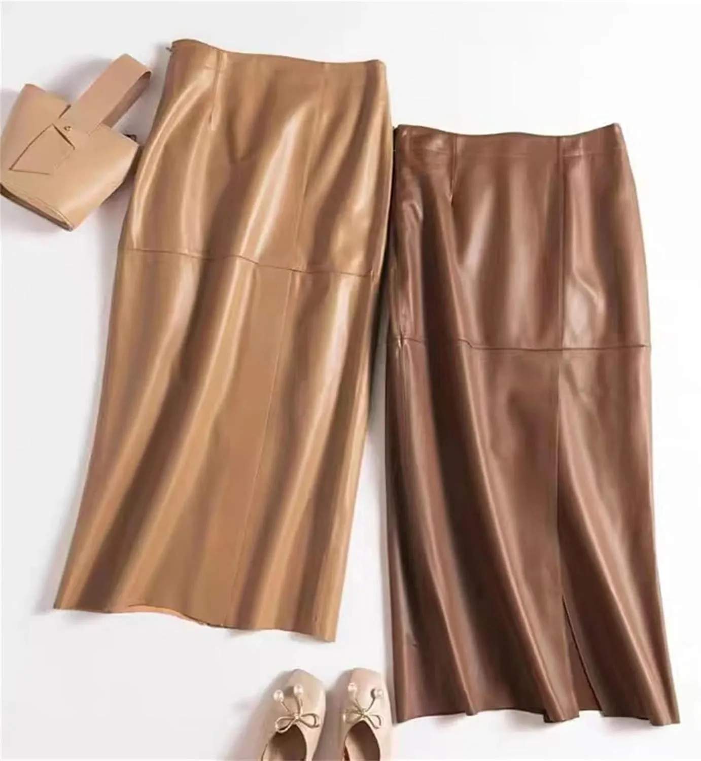 Womens Genuine Leather Long Skirt Spring High Waist Slit Khaki/Black 85cm Streetwear Slim
