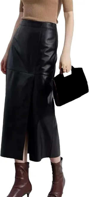 Womens Genuine Leather Long Skirt Spring High Waist Slit Khaki/Black 85cm Streetwear Slim