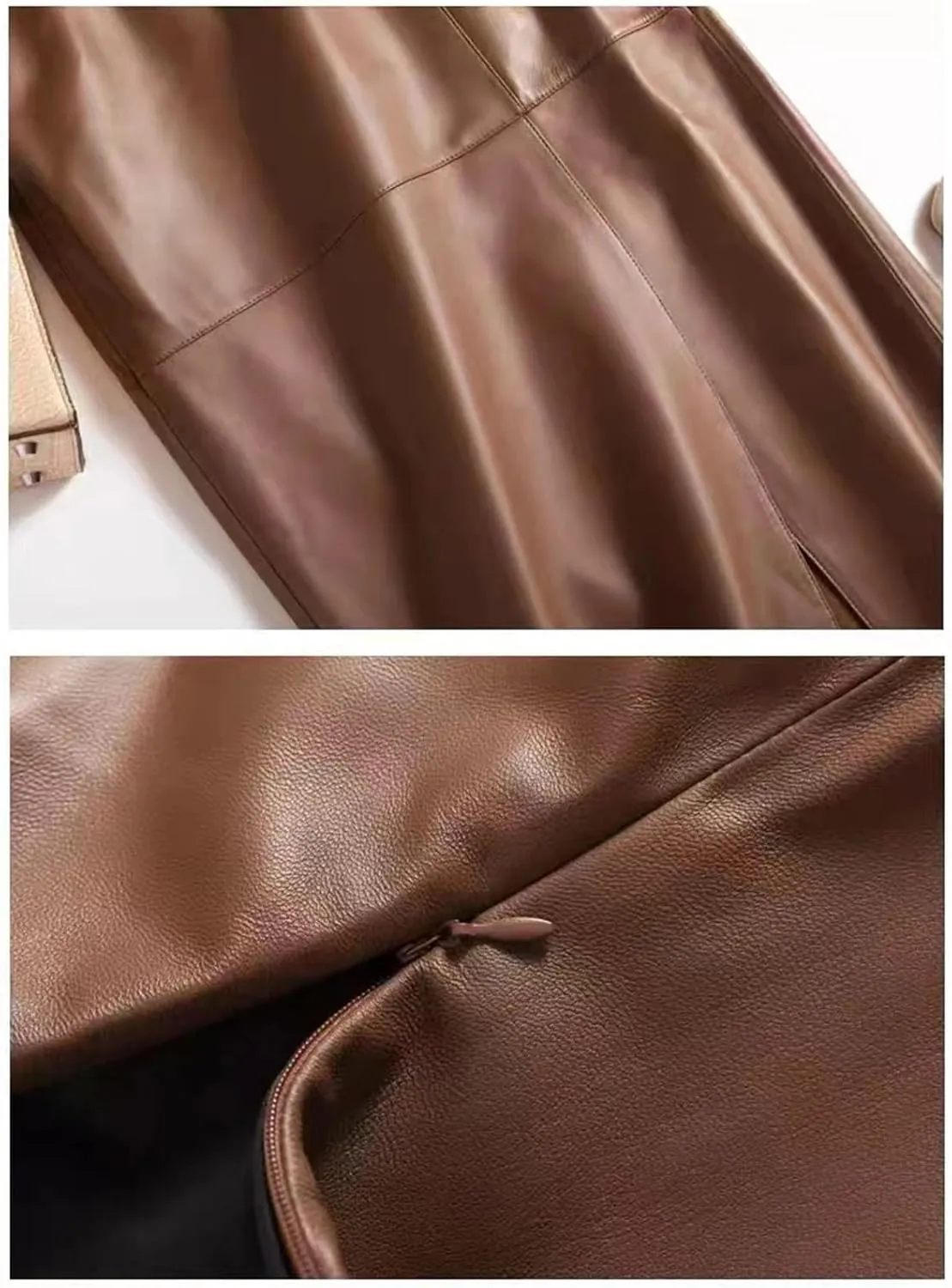 Womens Genuine Leather Long Skirt Spring High Waist Slit Khaki/Black 85cm Streetwear Slim