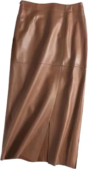 Womens Genuine Leather Long Skirt Spring High Waist Slit Khaki/Black 85cm Streetwear Slim