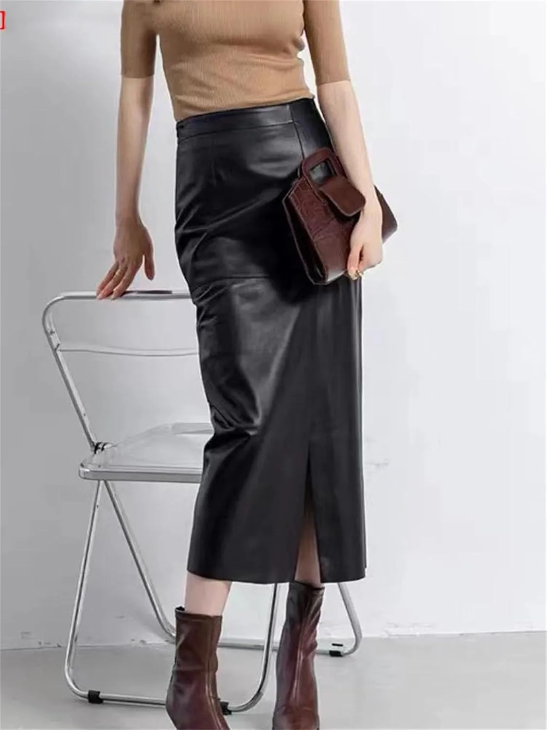 Womens Genuine Leather Long Skirt Spring High Waist Slit Khaki/Black 85cm Streetwear Slim
