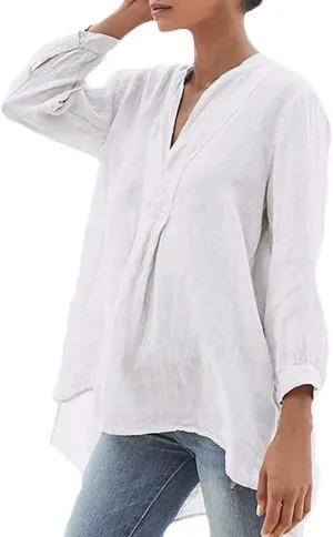 Women's Linen Shirts Summer Linen Solid Color Long Sleeve Tunic Tops Casual Plus Size Soft Crew Neck Tee Tops