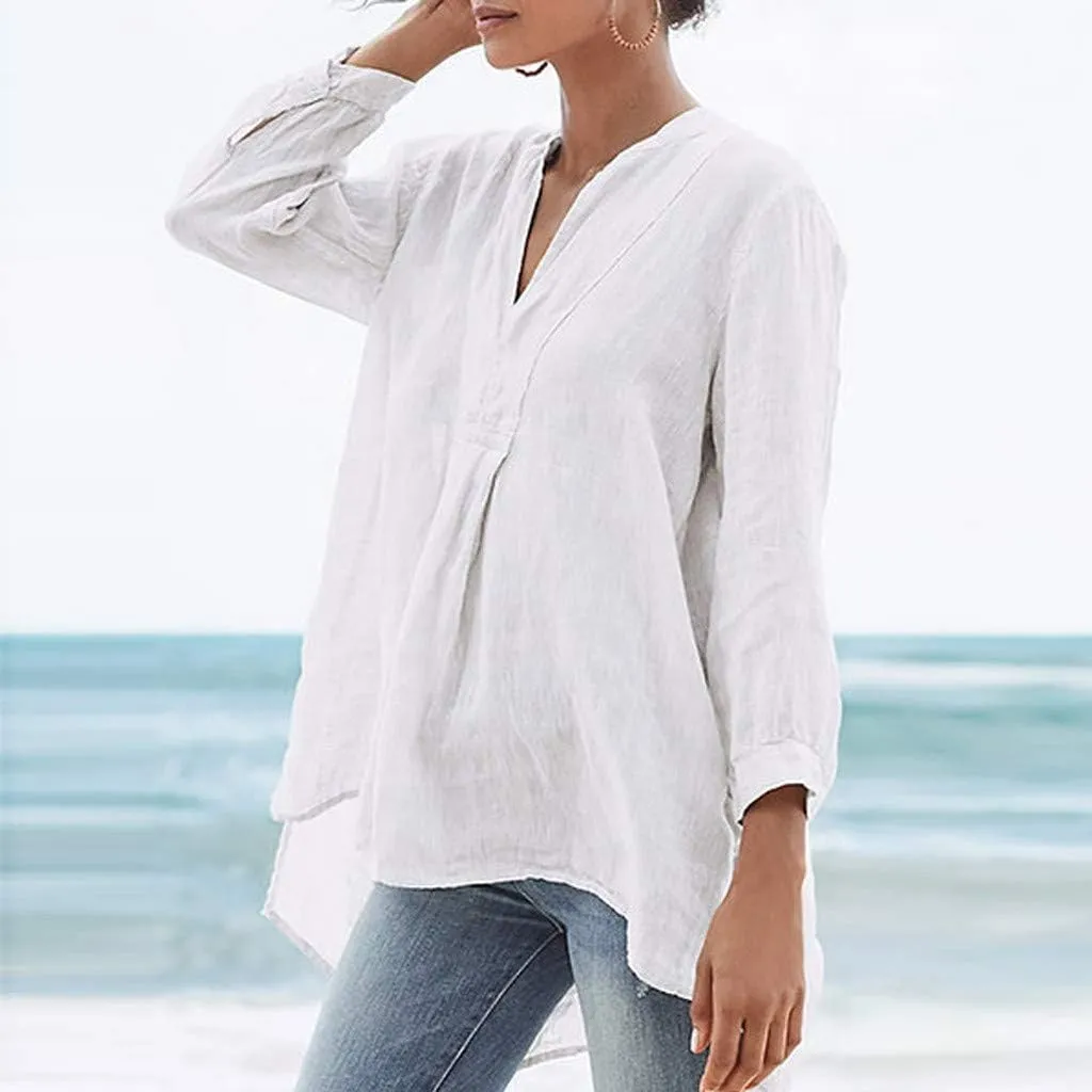 Women's Linen Shirts Summer Linen Solid Color Long Sleeve Tunic Tops Casual Plus Size Soft Crew Neck Tee Tops