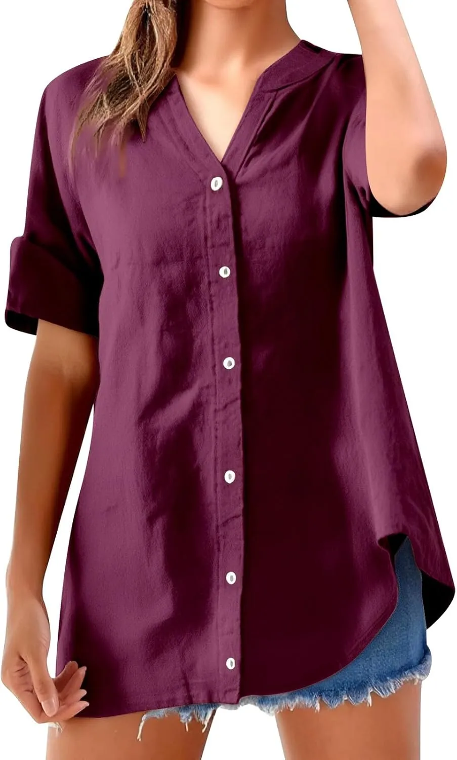 Womens Linen Shirts V-Neck Button Up Blouse Floral Boho Comfy Tee Top Short Sleeve Loose Fit T Shirts