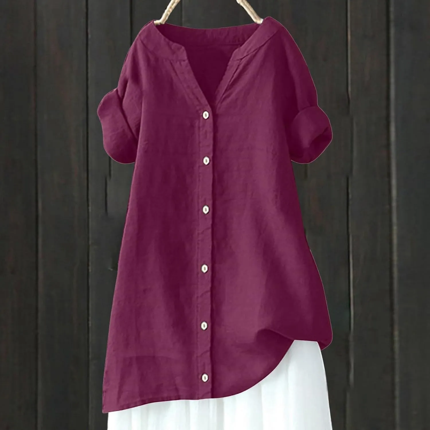 Womens Linen Shirts V-Neck Button Up Blouse Floral Boho Comfy Tee Top Short Sleeve Loose Fit T Shirts