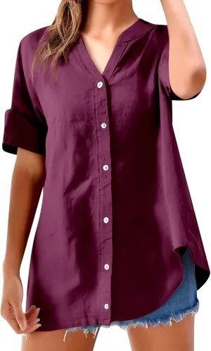 Womens Linen Shirts V-Neck Button Up Blouse Floral Boho Comfy Tee Top Short Sleeve Loose Fit T Shirts