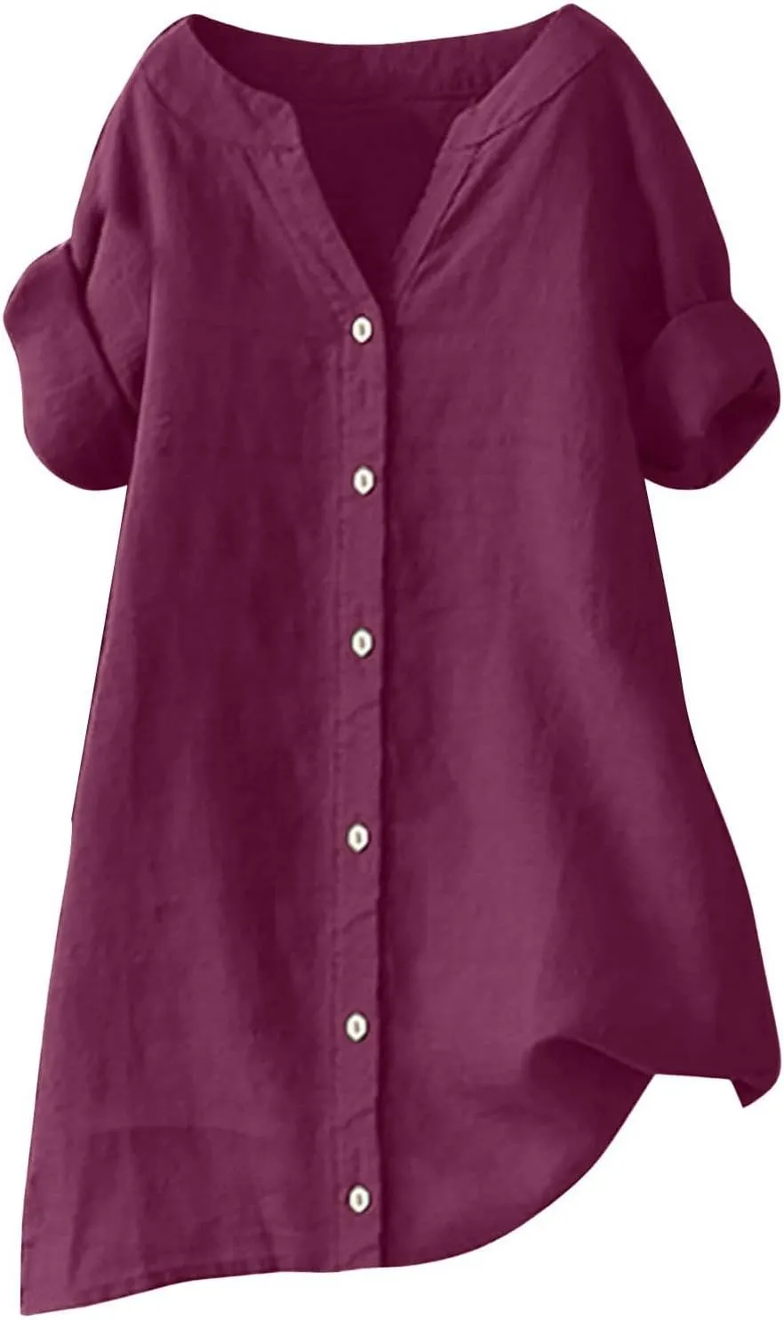 Womens Linen Shirts V-Neck Button Up Blouse Floral Boho Comfy Tee Top Short Sleeve Loose Fit T Shirts