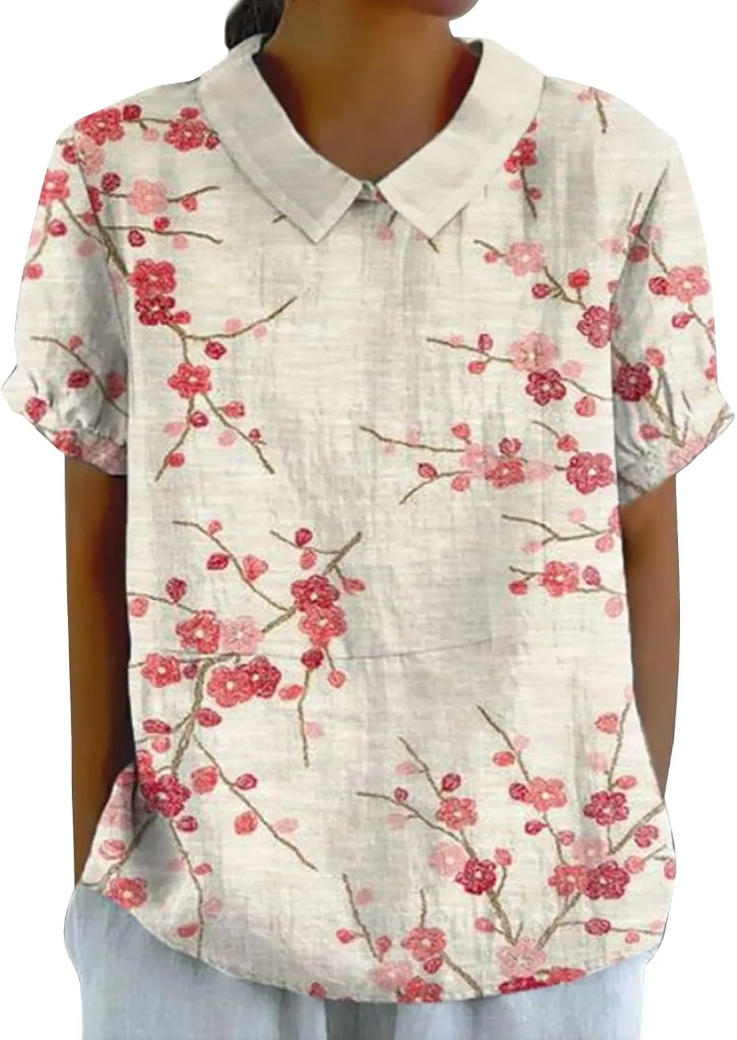 Womens Short Sleeve Button Down Shirts Loose Plus Size Short Sleeve Lapel T Shirt Linen Loose Large Size Thin Lapel Shirt