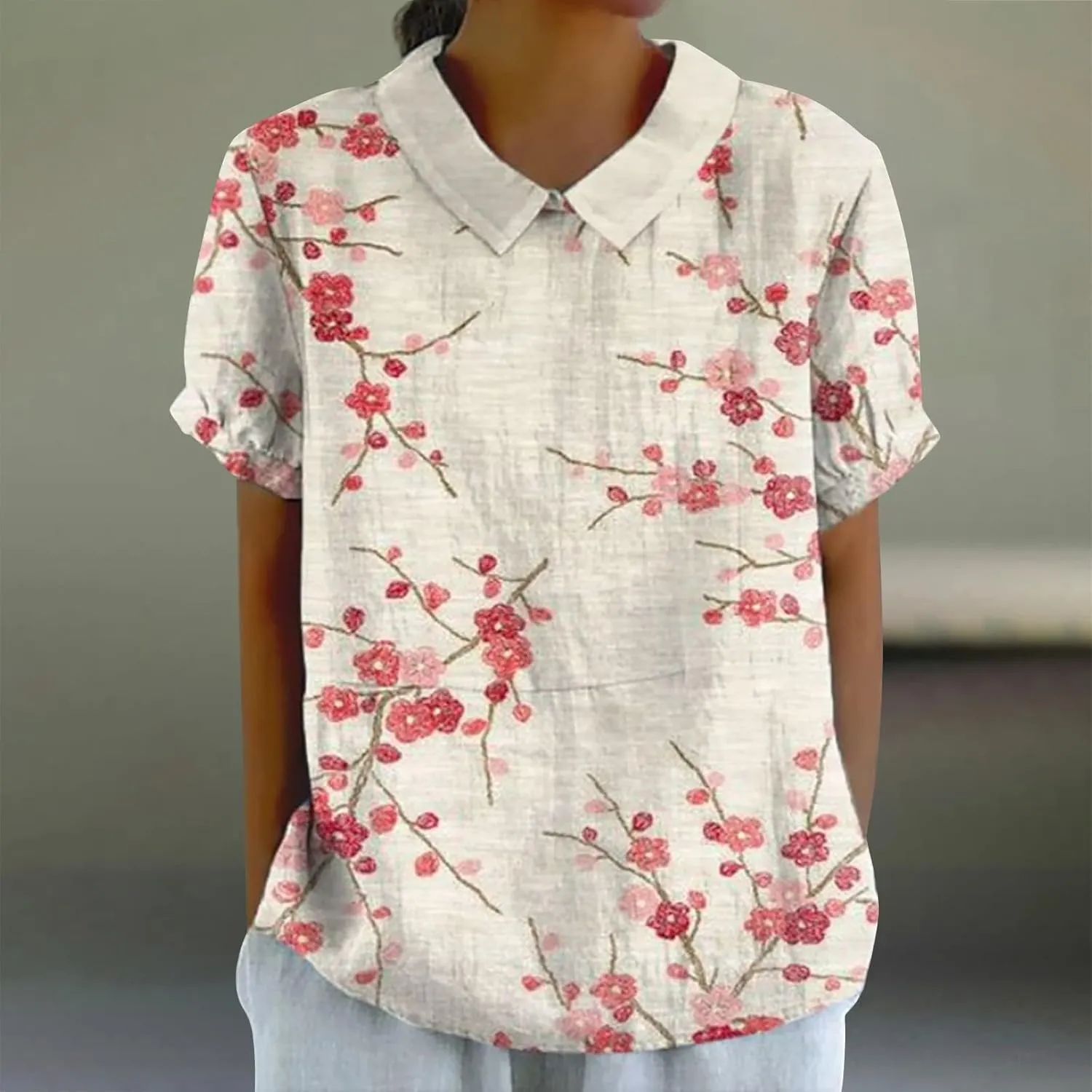 Womens Short Sleeve Button Down Shirts Loose Plus Size Short Sleeve Lapel T Shirt Linen Loose Large Size Thin Lapel Shirt
