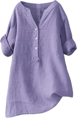Women's Short Sleeve Cotton Linen Shirts Casual Crewneck Oversized T Shirts Solid Loose Summer Tee Top