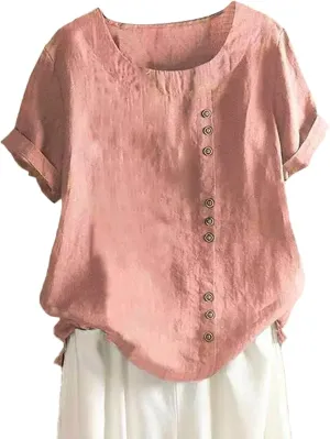 Women's Short Sleeve Cotton Linen Shirts Casual V Neck Soft T-Shirt Button Up Loose Summer Tshirts