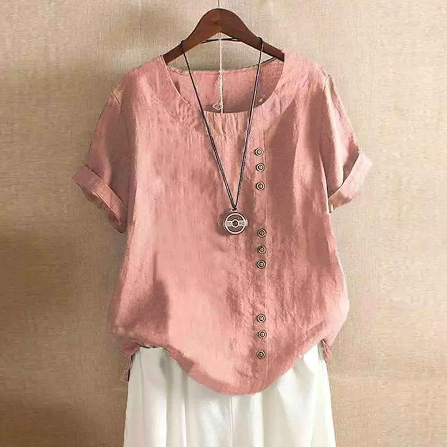 Women's Short Sleeve Cotton Linen Shirts Casual V Neck Soft T-Shirt Button Up Loose Summer Tshirts