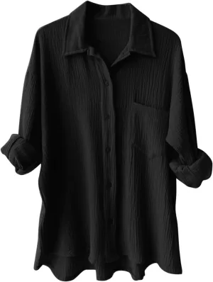 Womens Short Sleeve Linen Shirt Casual Round Neck Oversized T Shirts Button Up Loose Fit Summer Tee Tops