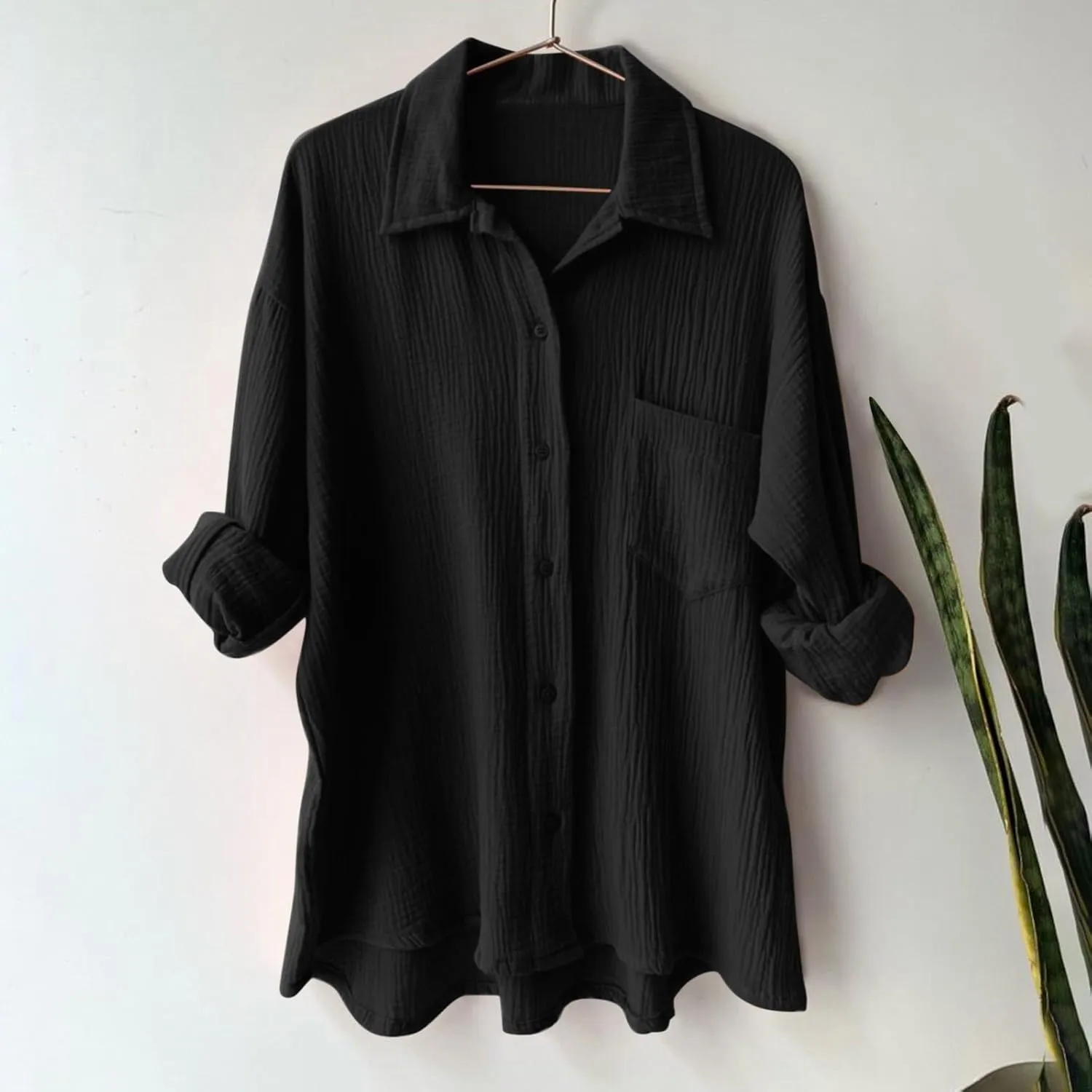 Womens Short Sleeve Linen Shirt Casual Round Neck Oversized T Shirts Button Up Loose Fit Summer Tee Tops