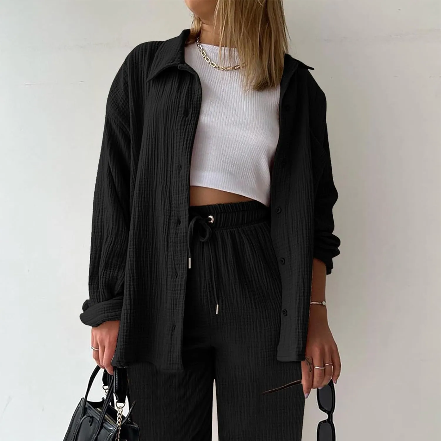 Womens Short Sleeve Linen Shirt Casual Round Neck Oversized T Shirts Button Up Loose Fit Summer Tee Tops