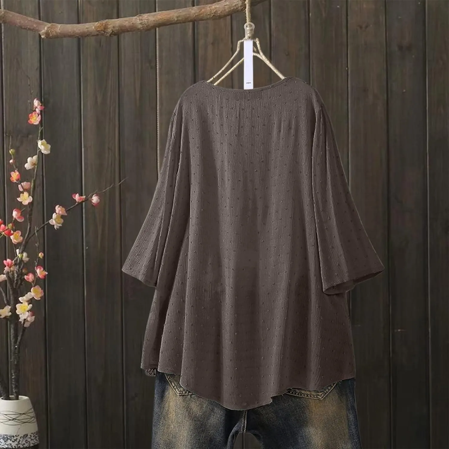 Women's Short Sleeve Linen Shirt Casual Round Neck Oversized T Shirts Plain Loose Fit Summer Tee Shirt
