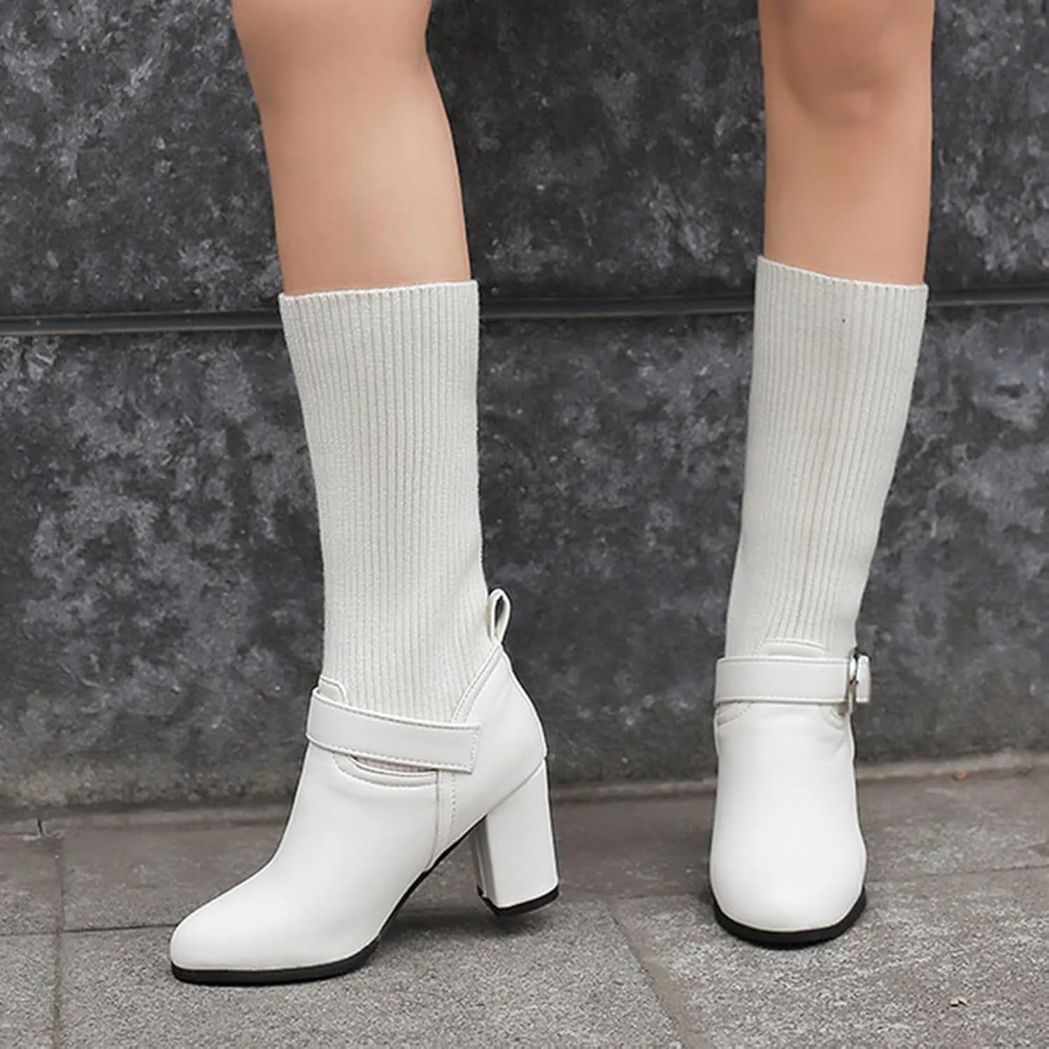 Women's Slip On Ankle Boots Chunky Block Heel Square Toe Splicing Dress Sock Booties Pull On Mid-calf Side Zipper Rain Boots