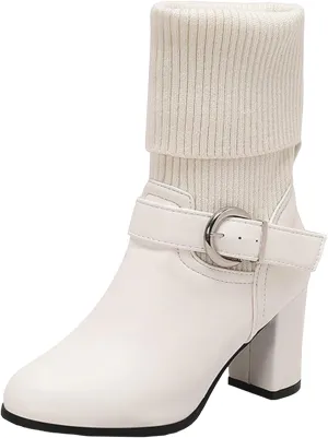 Women's Slip On Ankle Boots Chunky Block Heel Square Toe Splicing Dress Sock Booties Pull On Mid-calf Side Zipper Rain Boots