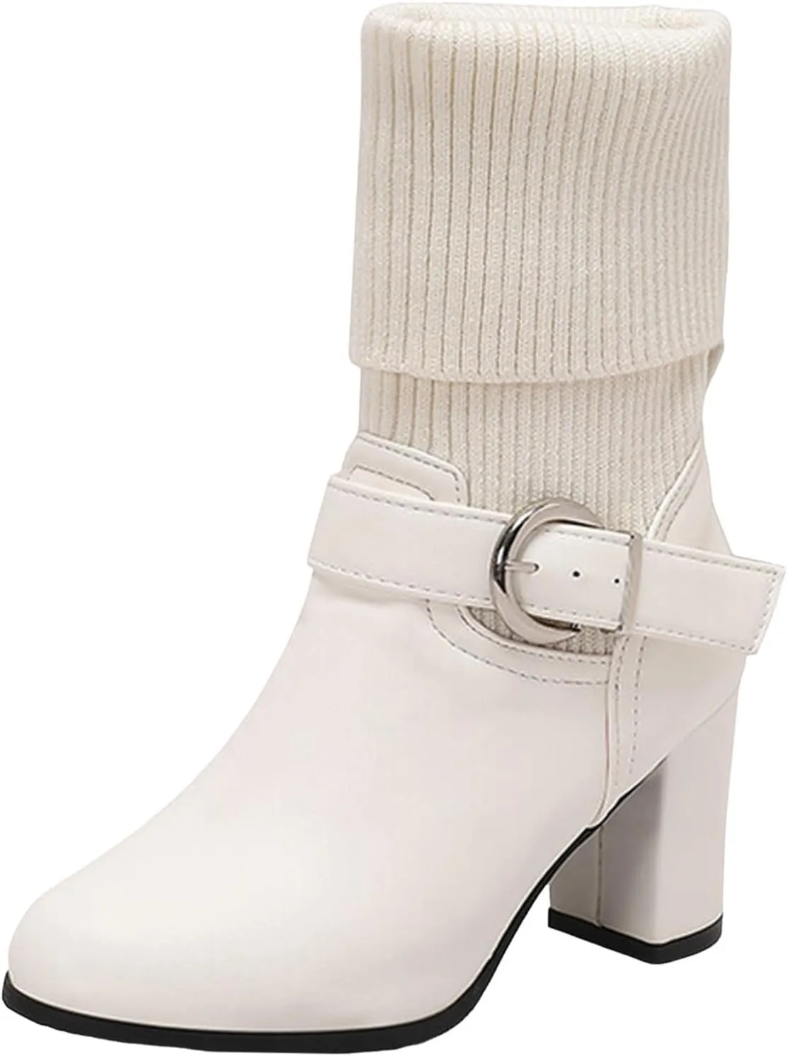 Women's Slip On Ankle Boots Chunky Block Heel Square Toe Splicing Dress Sock Booties Pull On Mid-calf Side Zipper Rain Boots