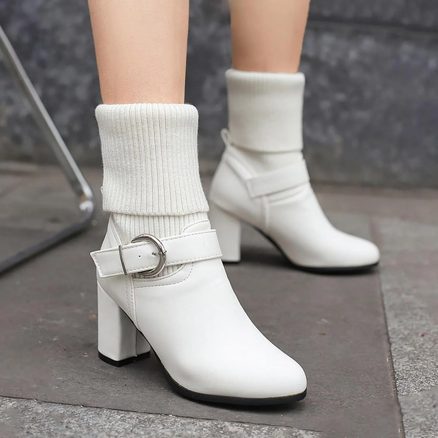 Women's Slip On Ankle Boots Chunky Block Heel Square Toe Splicing Dress Sock Booties Pull On Mid-calf Side Zipper Rain Boots