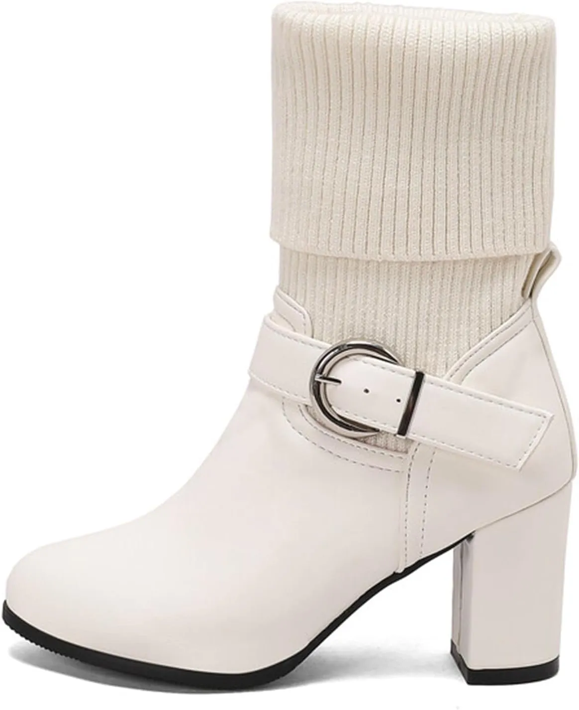 Women's Slip On Ankle Boots Chunky Block Heel Square Toe Splicing Dress Sock Booties Pull On Mid-calf Side Zipper Rain Boots