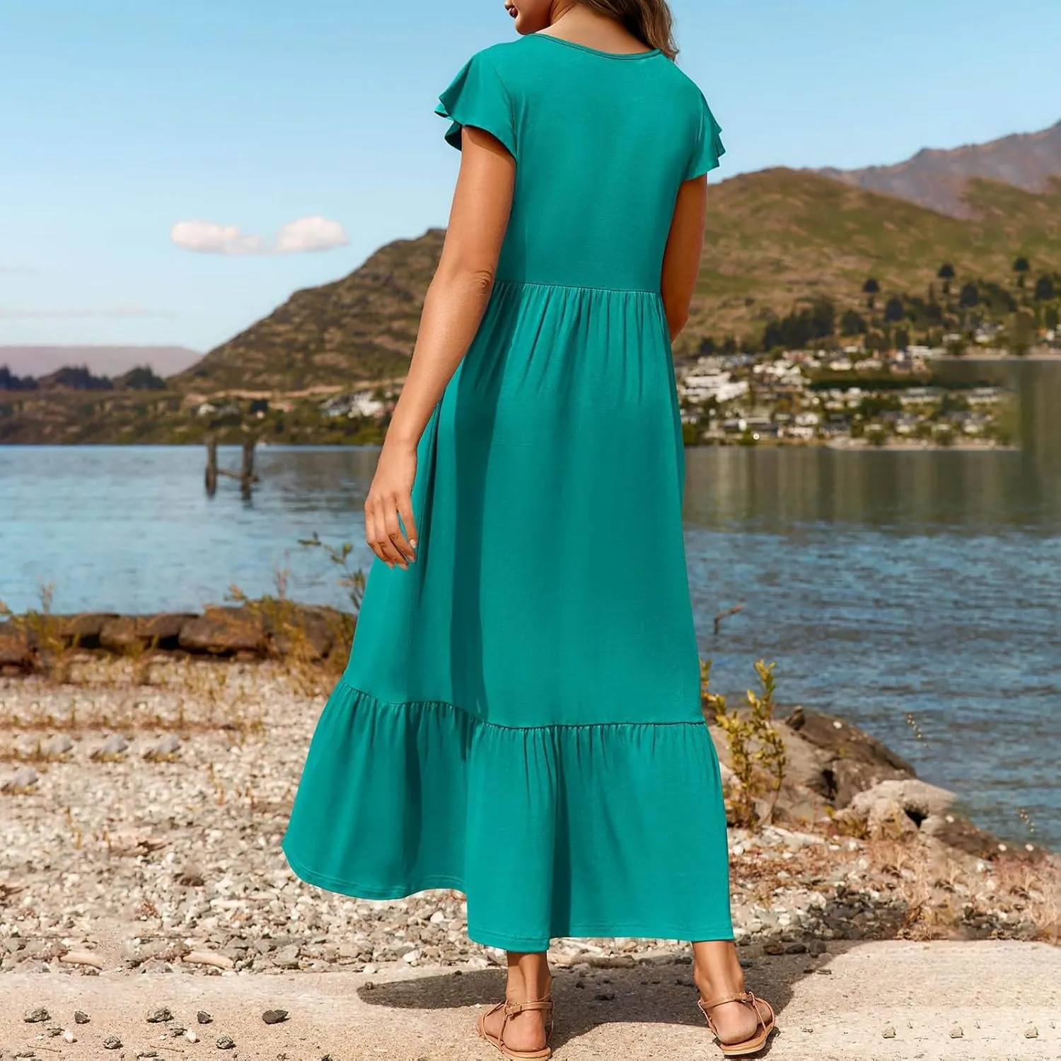 Womens Summer Casual Crewneck Swing Dress Casual Flowy Tiered Maxi Beach Dress with Pockets Dress