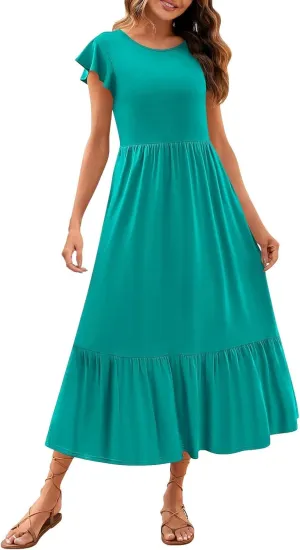 Womens Summer Casual Crewneck Swing Dress Casual Flowy Tiered Maxi Beach Dress with Pockets Dress