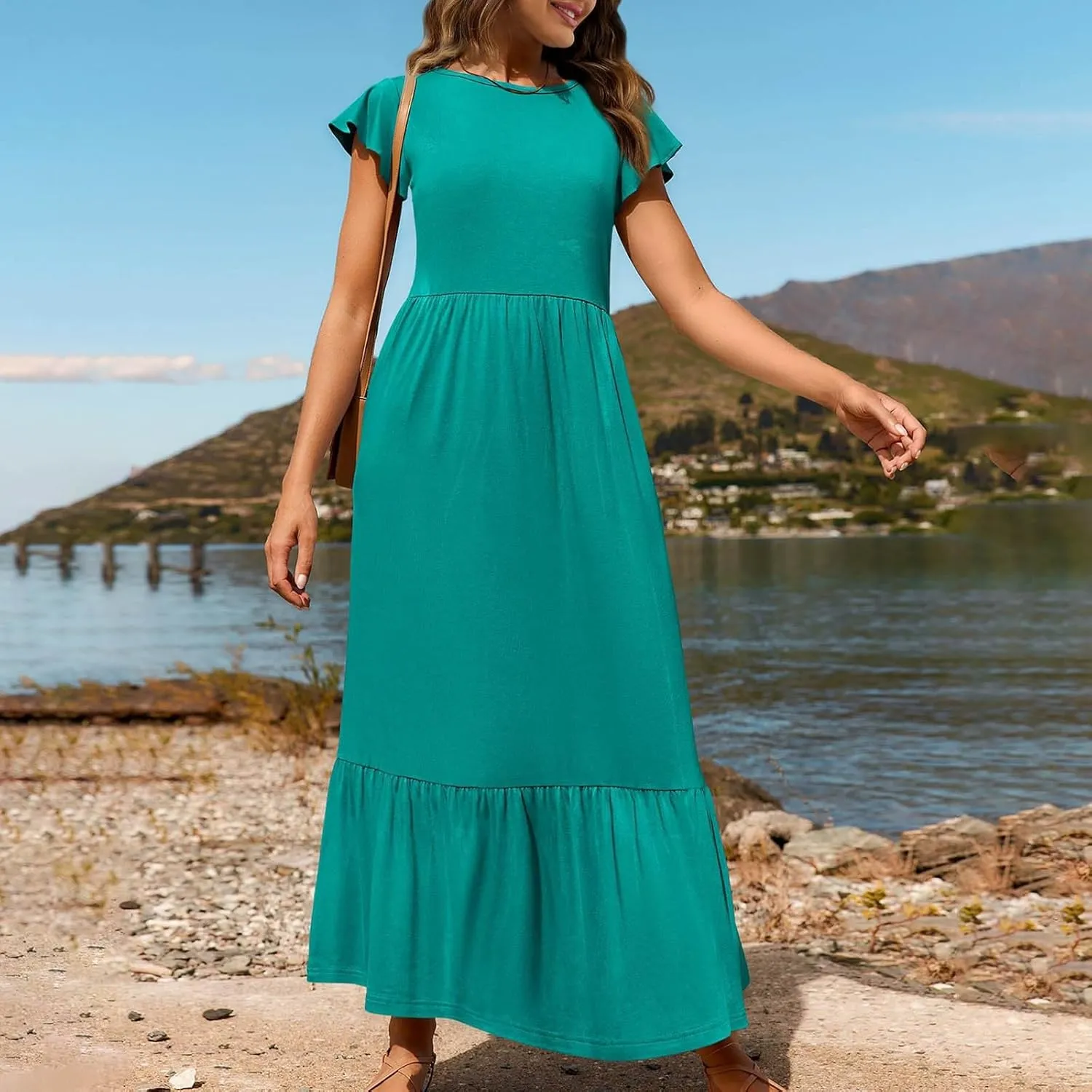 Womens Summer Casual Crewneck Swing Dress Casual Flowy Tiered Maxi Beach Dress with Pockets Dress