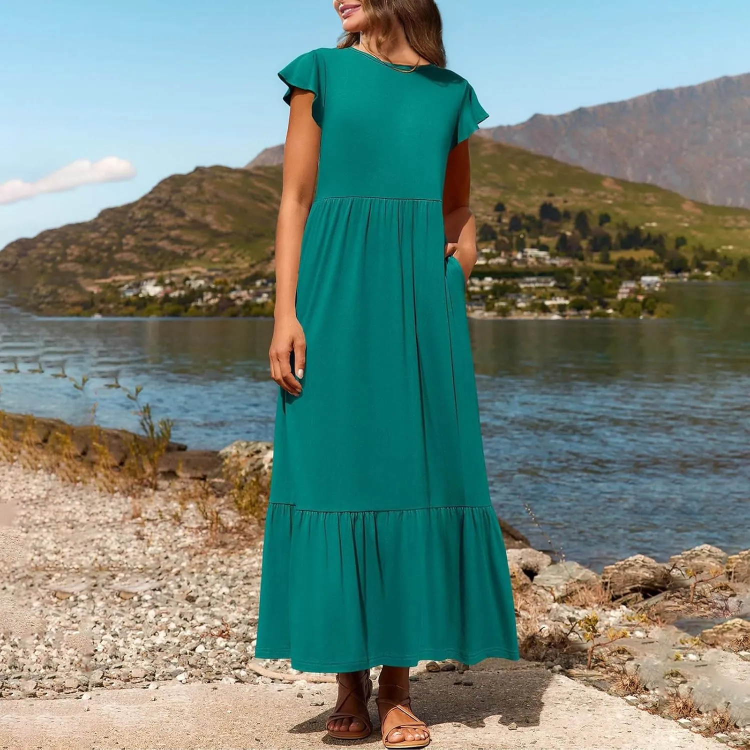 Womens Summer Casual Crewneck Swing Dress Casual Flowy Tiered Maxi Beach Dress with Pockets Dress