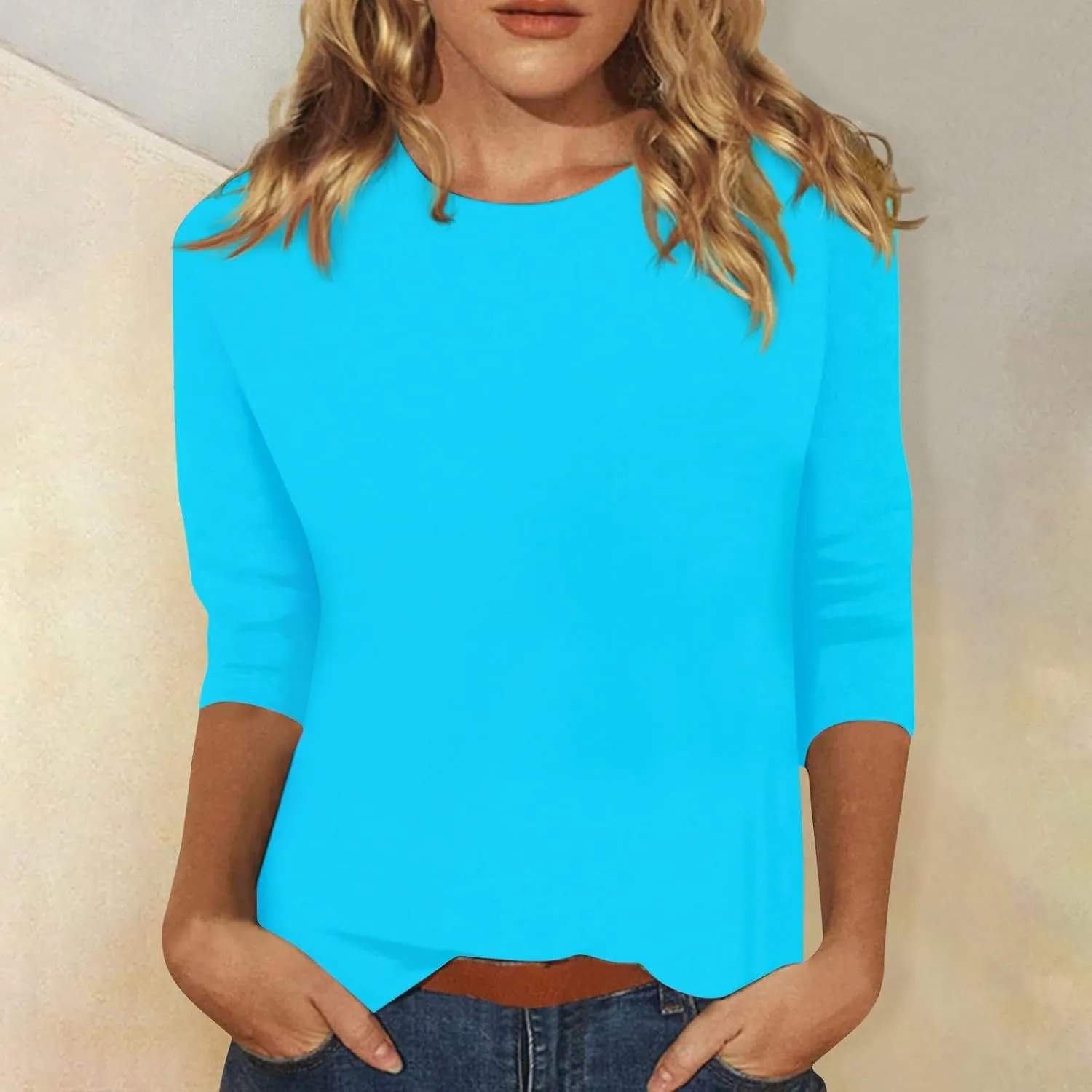 Womens Summer Tops 2023, Women Casual 3/4 Sleeve Plus Size Solid T-Shirts Crewneck/V-Neck Trendy Hawaiian Tops