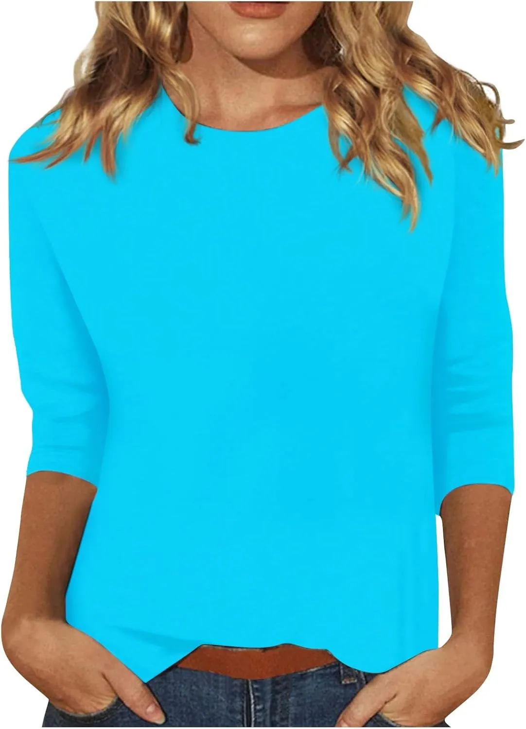 Womens Summer Tops 2023, Women Casual 3/4 Sleeve Plus Size Solid T-Shirts Crewneck/V-Neck Trendy Hawaiian Tops