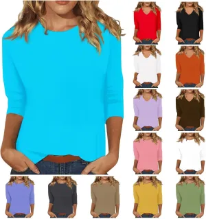 Womens Summer Tops 2023, Women Casual 3/4 Sleeve Plus Size Solid T-Shirts Crewneck/V-Neck Trendy Hawaiian Tops