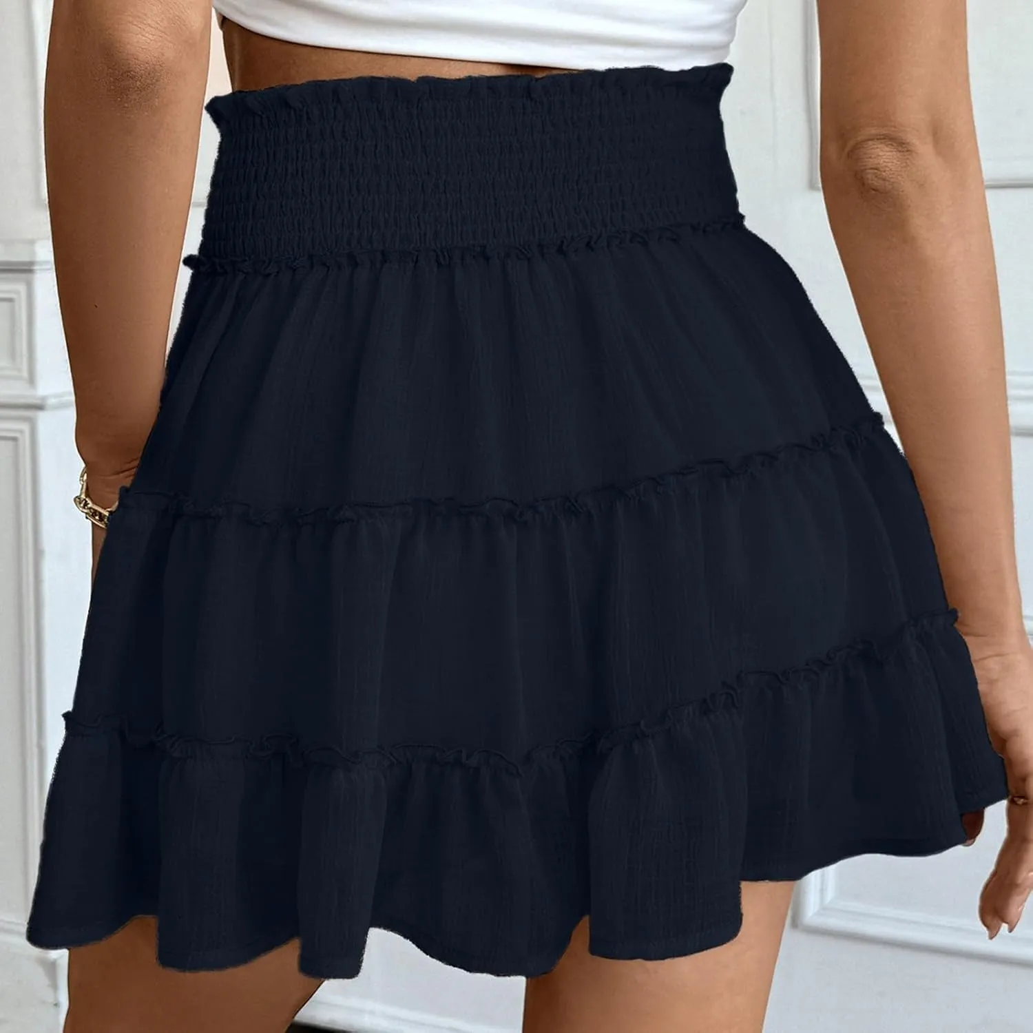 Womens Tiered Pleated Summer Ruffle Mini Skirts with Shorts Elastic High Waist Flowy A Line Short Skirt