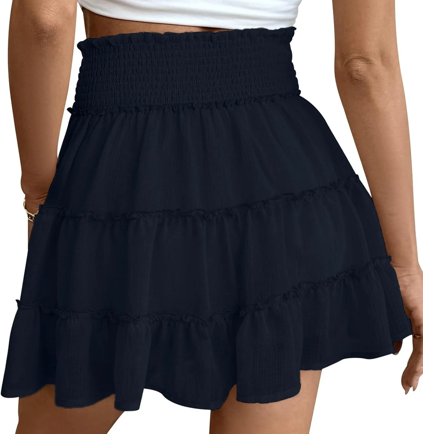 Womens Tiered Pleated Summer Ruffle Mini Skirts with Shorts Elastic High Waist Flowy A Line Short Skirt