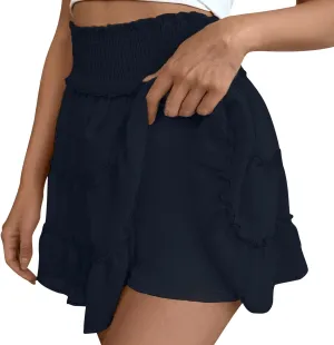 Womens Tiered Pleated Summer Ruffle Mini Skirts with Shorts Elastic High Waist Flowy A Line Short Skirt