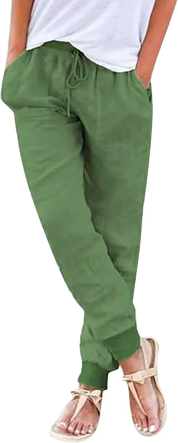 Women's Wide Leg Linen Pants Dressy High Waist Palazzo Pant Tie Knot Loose Flowy Trousers with Pocket