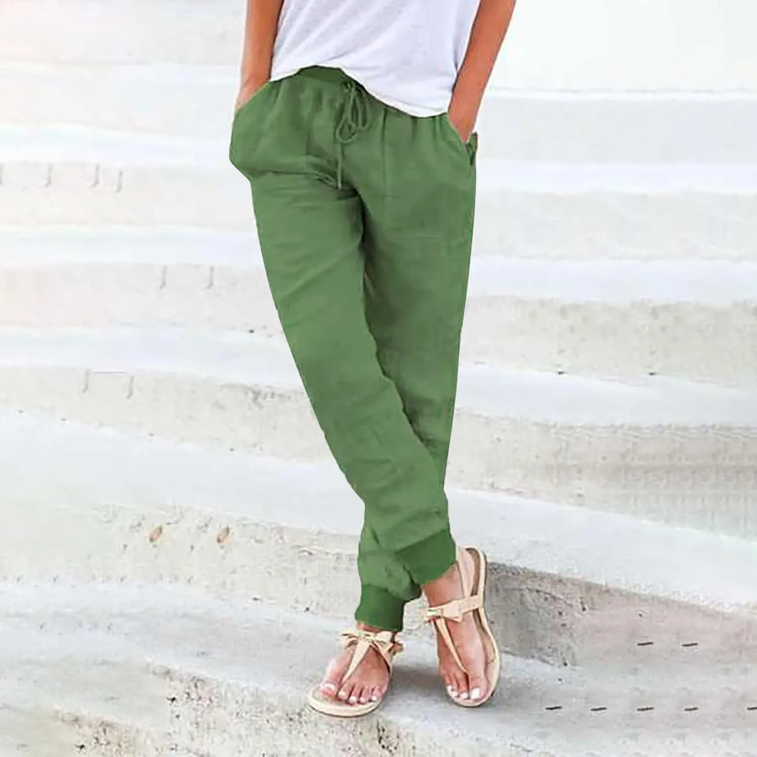 Women's Wide Leg Linen Pants Dressy High Waist Palazzo Pant Tie Knot Loose Flowy Trousers with Pocket